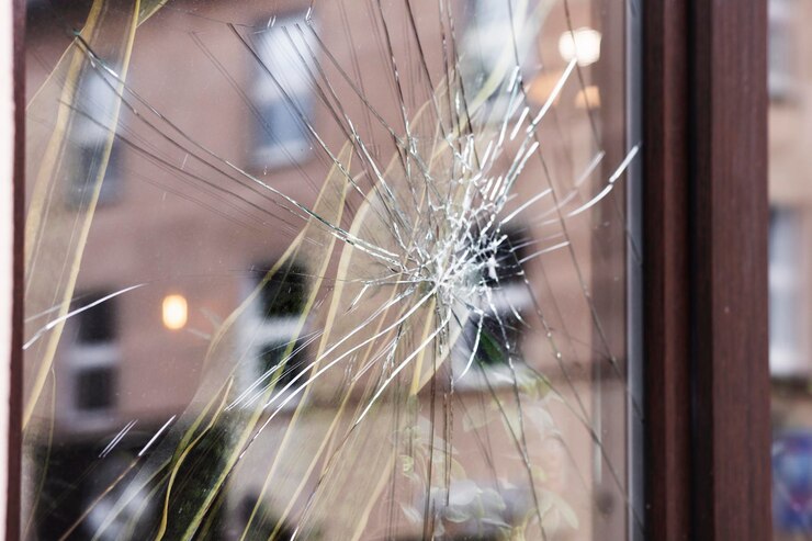 Gebarsten glas Shutter Gebroken raam Splitst gebarsten glas in kunststof raam Beschadigd raam
