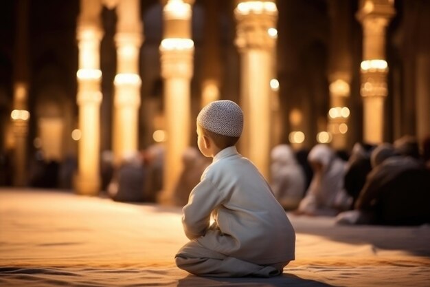 Gebed islam en aanbidding met jongen in de moskee heilige koran en spiritualiteit Bidden jongen in islamitische tradities bidden voor geloof zorg en Ramadan kareem Hoogwaardige foto