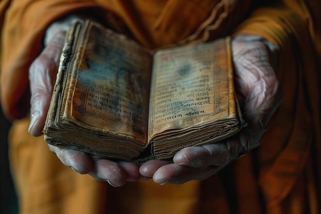 Gebedboek van papyrus in de handen van een boeddhistische monnik
