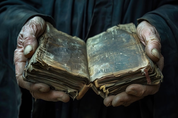Gebedboek van papyrus in de handen van een monnik