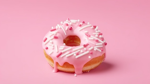 Gebeten roze glazuur donut met marshmallows op roze achtergrond AI gegenereerd