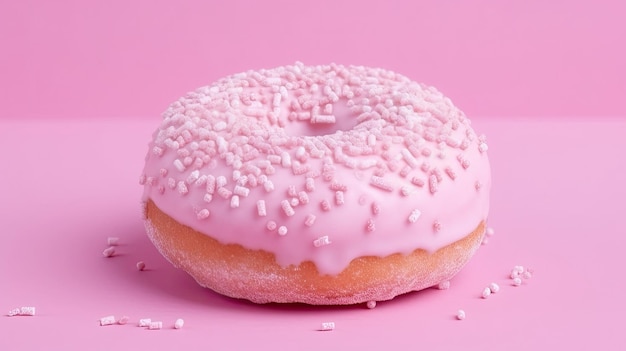 Gebeten roze glazuur donut met marshmallows op roze achtergrond, AI gegenereerd