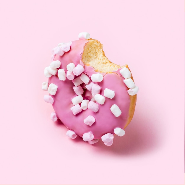 Gebeten roze glazuur donut met marshmallows op roze achtergrond Minimaal concept in monochrome pastelkleuren