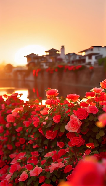 Gebied van rode bloemen naast een waterlichaam generatieve ai