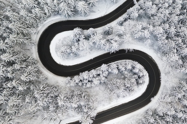 Gebogen S-vormige weg in de winter bos luchtfoto.