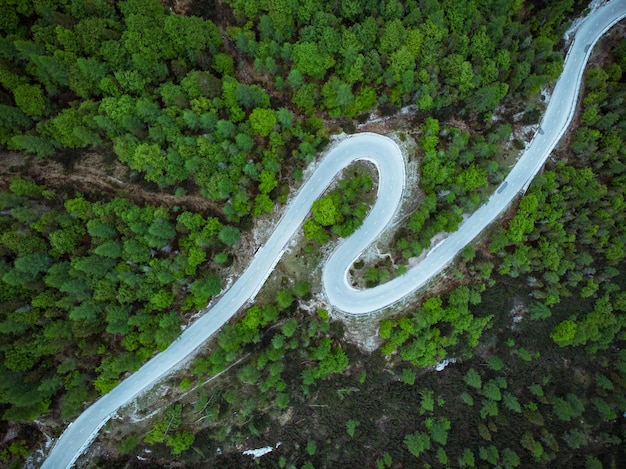Gebogen weg door bosvogels oog drone luchtfoto