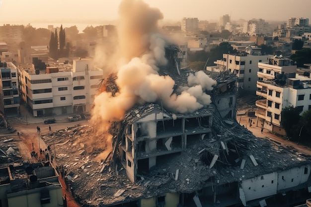 Gebombardeerd verwoest gebouw met puin in conflict Gaza Palestina Israël of Russische oorlog verwoesting