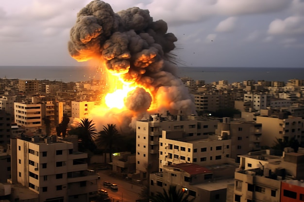 Gebombardeerd verwoest gebouw met puin in conflict Gaza Palestina Israël of Russische oorlog verwoesting