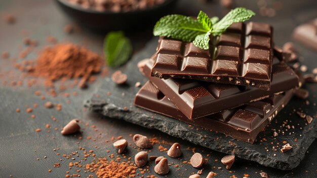 Foto gebonden chocolade stukken met munt op tafel kopieer ruimte