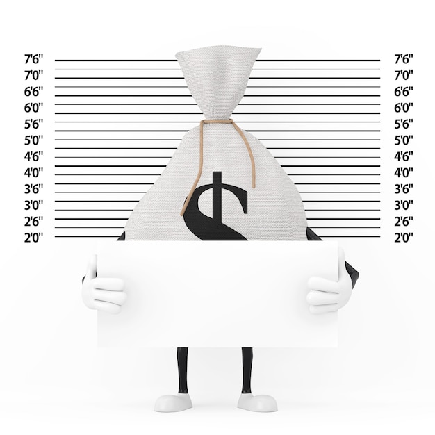 Gebonden rustieke canvas linnen geld zak of geld tas en dollarteken karakter mascotte met lege identificatie plaat voor politie line-up of Mugshot achtergrond extreme close-up. 3D-rendering
