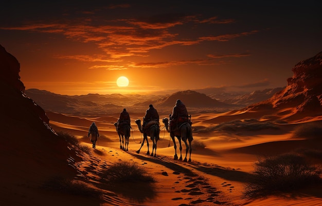 Geboorte van Jezus Christus in Bethlehem drie koningen rijden op kamelen door de woestijn nacht religie