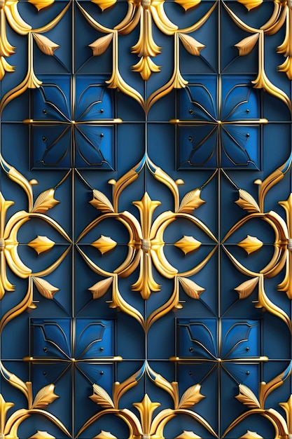 Geborduurd geometrisch naadloos patroon Gouden elementen elegant en luxueus op blauwe achtergrond