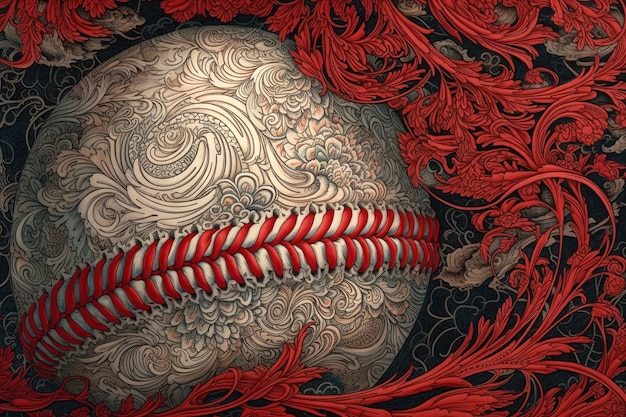 Geborduurde rode honkbalbal manga stijl illustratie generatieve ai