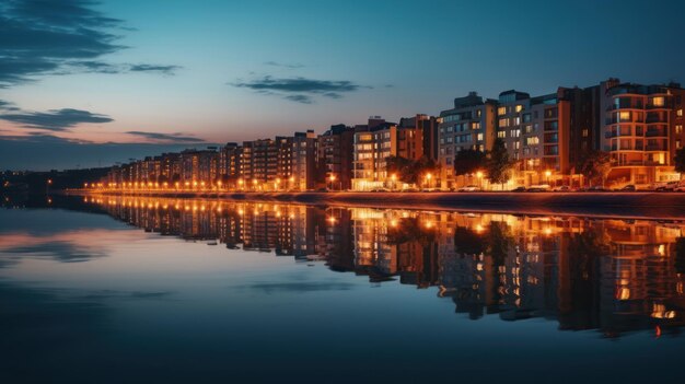 gebouw aan de oevers van de rivier met Night View met reflecties in de rivier