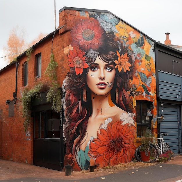 Gebouw met een geschilderd portret van een vrouw en bloemen