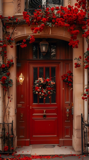 Gebouw met rode deurkrans rozen en oranje bloemen