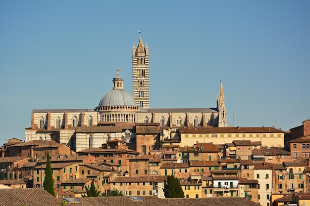 Gebouwen en duomo di siena tegen een blauwe hemel