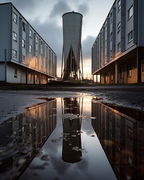 Foto gebouwen weerspiegeld in de plas na de regen