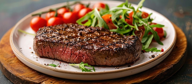 Gebraden biefstuk met tomaten op het bord