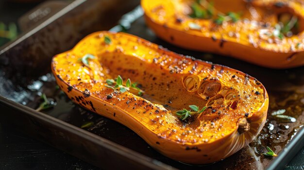 Gebraden butternut squash halve Closeup culinaire fotografie