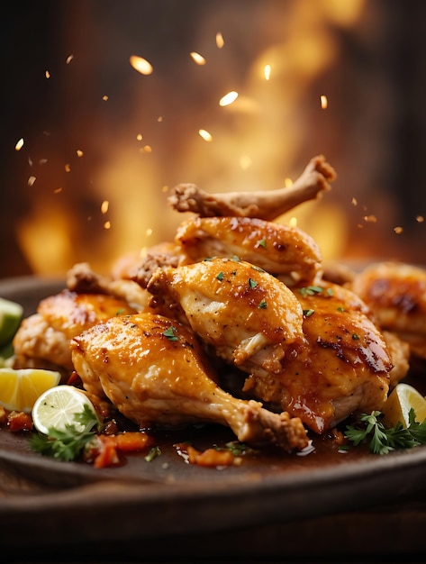 Gebraden kip met groenten en specerijen op een houten plank met een donkere achtergrond