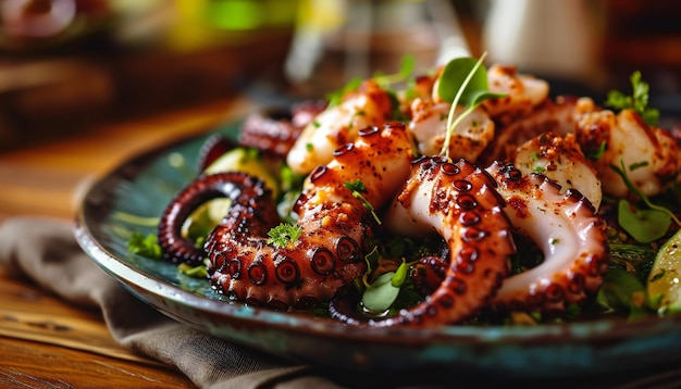 Gebraden octopus met kruiden en specerijen op een oppervlakte close-up met selectieve focus