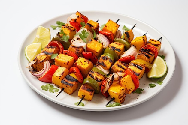 Foto gebraden paneer tikka skewers op witte achtergrond paneer tikkaboto