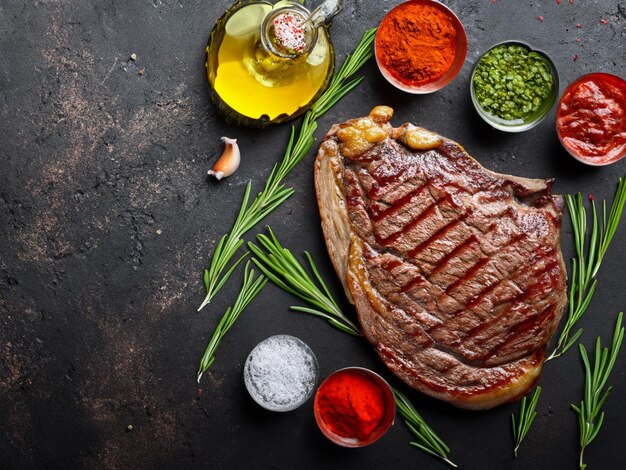 Gebraden ribeye rundvlees steak kruiden en specerijen Top view met kopieerruimte voor uw tekst
