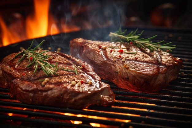 Gebraden rundvlees steaks met specerijen en kruiden op de barbecue buiten