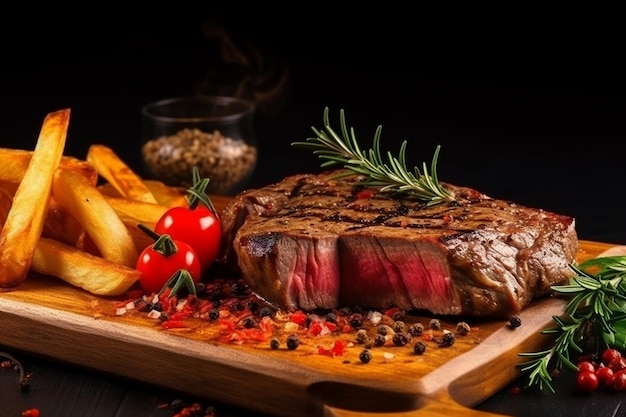 Gebraden steak met groente, kruiden, specerijen, zwarte peper, gegrilde steak met frietjes.