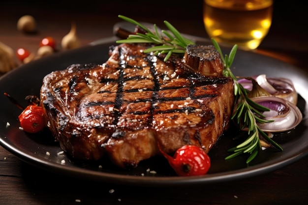 Gebraden tbone steak op bord met garnering gemaakt met generatieve ai