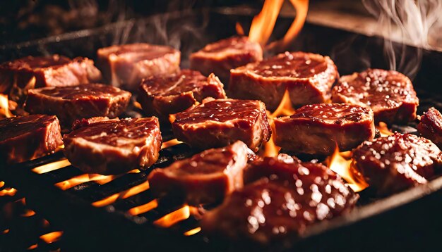 Gebraden varkens- of rundvleessteaks met chili en zout vallen op een zwarte achtergrond.