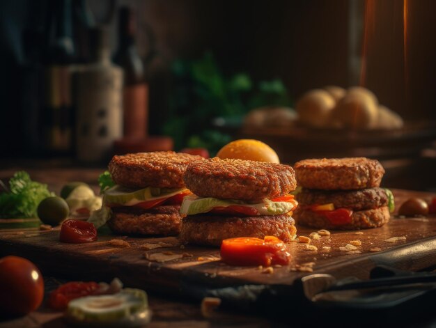 Gebraden vlees burger patties met groenten close-up shot gemaakt met Generative AI technologie