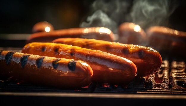 Gebraden vlees sizzelt op de barbecue vlam en rook stijgt gegenereerd door kunstmatige intelligentie