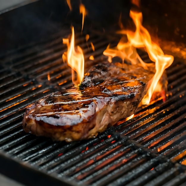 Foto gebraden vlees steak op roestvrij grill depot met vlammen op donkere achtergrond voedsel en keuken concept