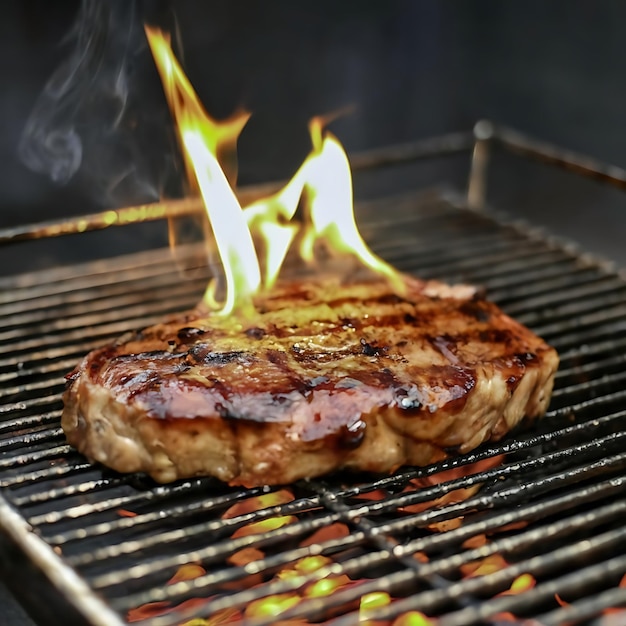 Foto gebraden vlees steak op roestvrij grill depot met vlammen op donkere achtergrond voedsel en keuken concept