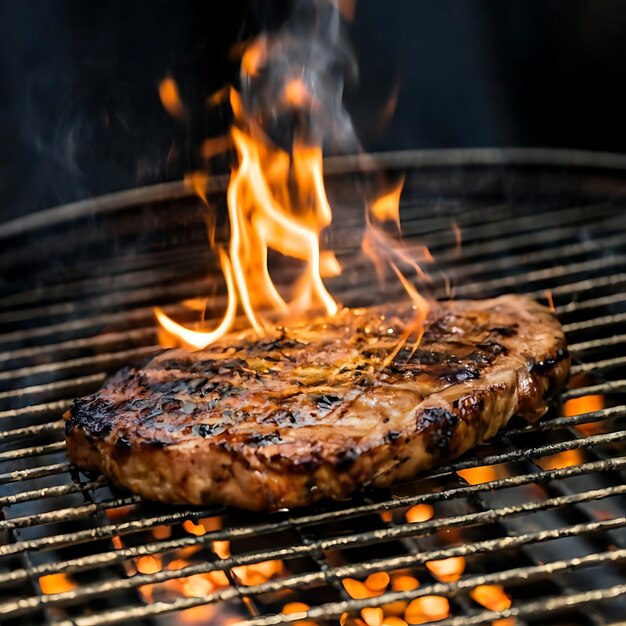 Foto gebraden vlees steak op roestvrij grill depot met vlammen op donkere achtergrond voedsel en keuken concept