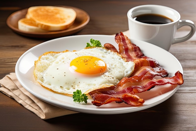 Gebrande eieren naast geroosterd spek met een kop koffie geïsoleerd op een witte achtergrond