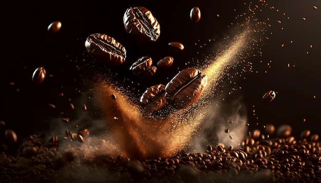 Gebrande koffiebonen Bruine rook van koffiearoma Generatieve AI