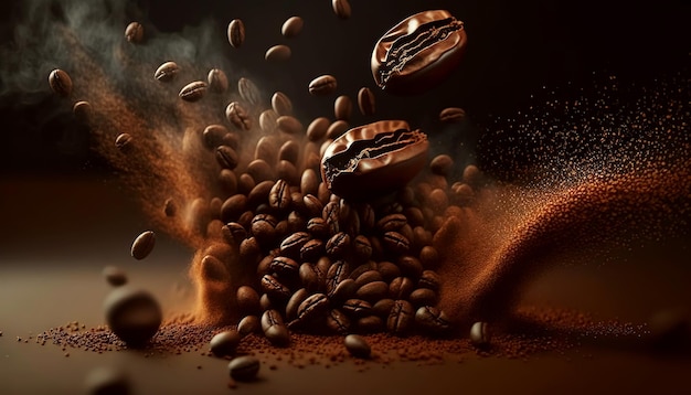 Gebrande koffiebonen Bruine rook van koffiearoma Generatieve AI