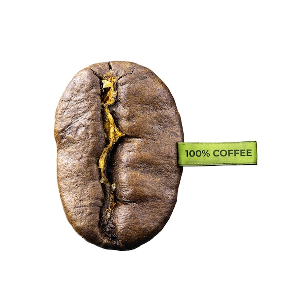 Gebrande koffieboon met groen label. 100% koffie.