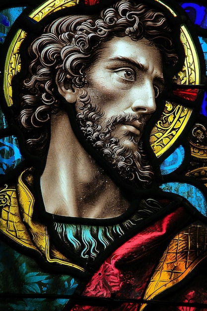Foto gebrandschilderd glasvenster met een afbeelding van jezus christus, de patroonheilige van de stad