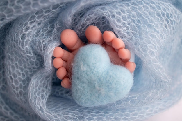 Gebreid blauw hart in de benen van een baby Zachte voeten van een pasgeborene in een blauwe wollen deken Close-up van tenen, hakken en voeten van een pasgeborene Macrofotografie de kleine voet van een pasgeboren baby