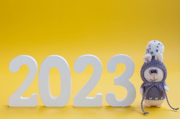 Gebreid konijntje met nummers 2023 Nieuwjaar en Kerstmis Copy space