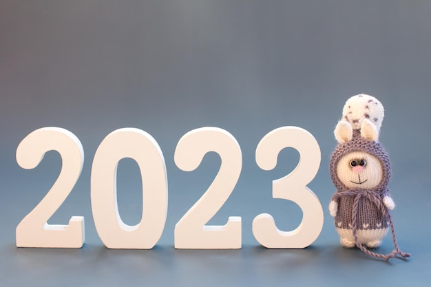 Gebreid konijntje met nummers 2023 Nieuwjaar en Kerstmis Copy space