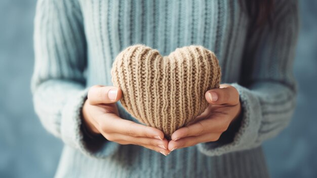 Foto gebreide hart met een vrouw in de hand close-up symbool van liefde gelukkige valentijnsdag