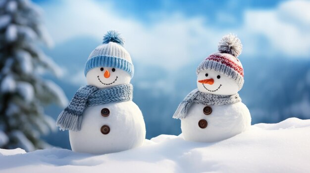 Gebreide sneeuwpoppen sieren een besneeuwd tafereel met een blauwe achtergrond