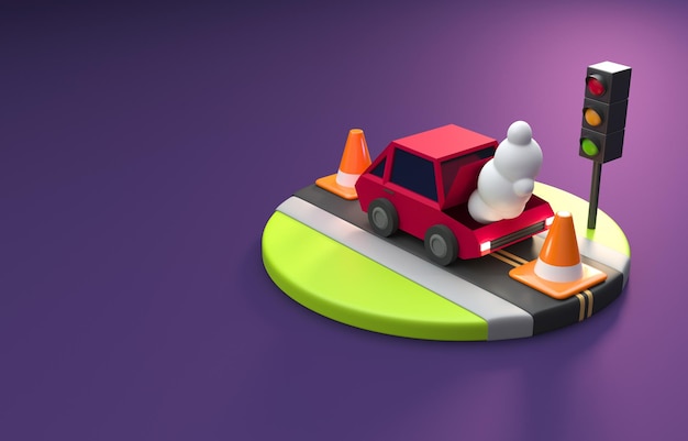 Gebroken Auto Geparkeerd Tussen Twee Kegels 3D Illustratie