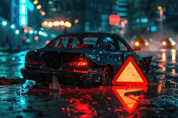 Gebroken auto met noodstopbord op stadsstraat's nachts