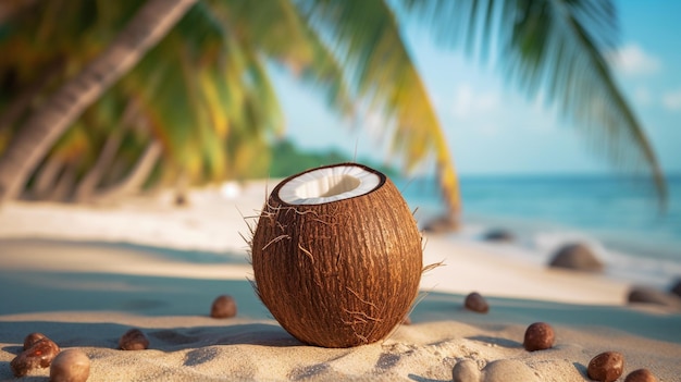 Gebroken bruine kokosnoot op zandstrand Tropisch strand Wereld Kokosnootdag